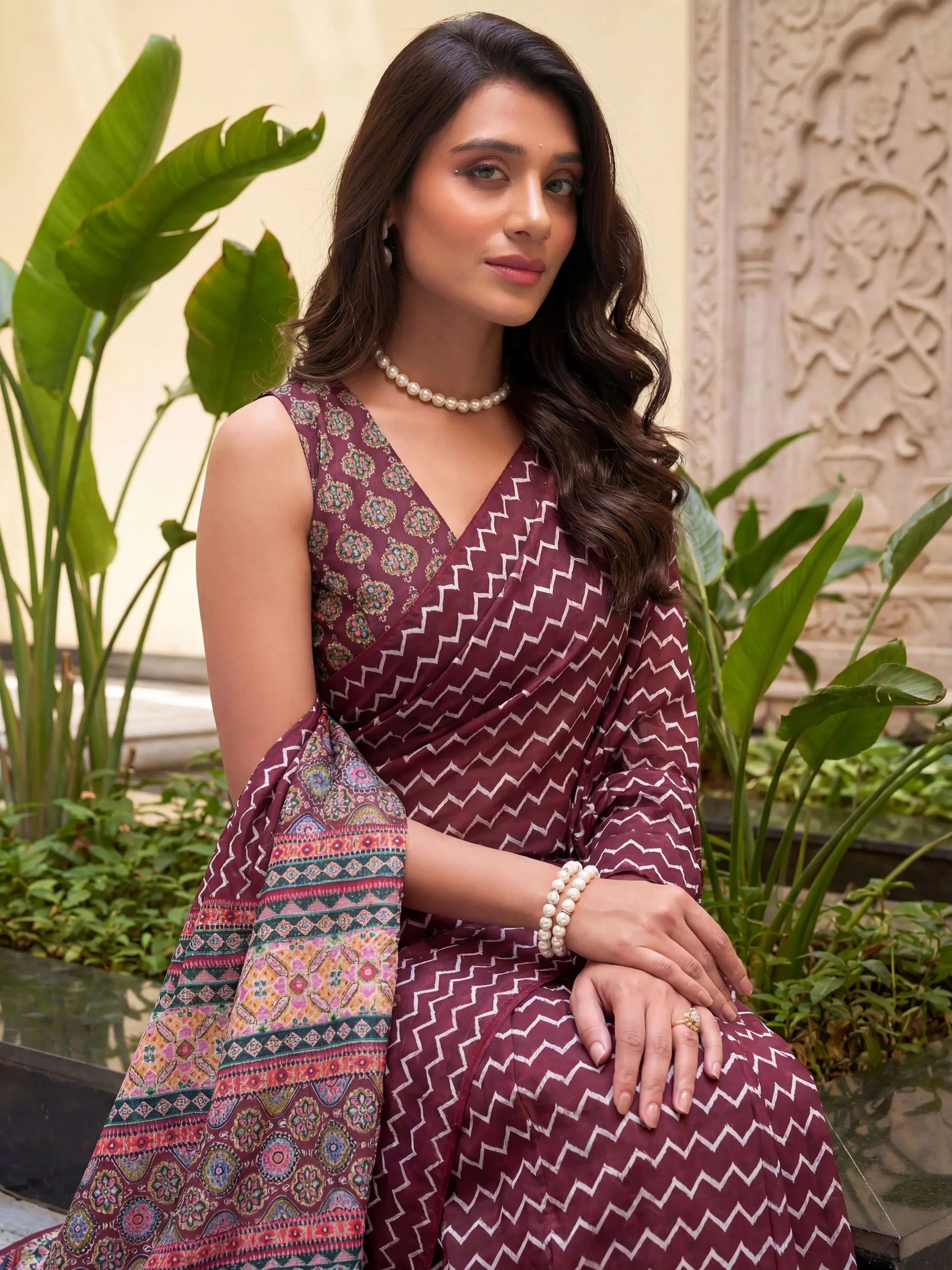 Attractive Maroon Digital Printed Crepe Office Wear Saree With Blouse 