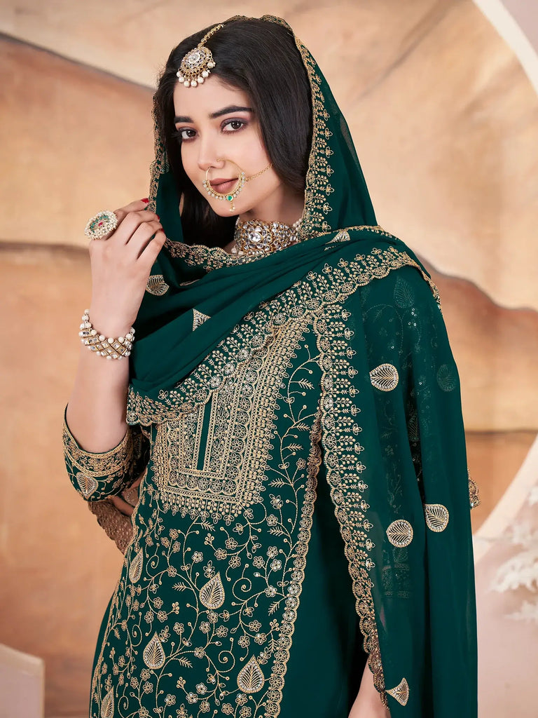 Bewitching Green Embroidered Georgette Mehendi Wear Palazzo Suit