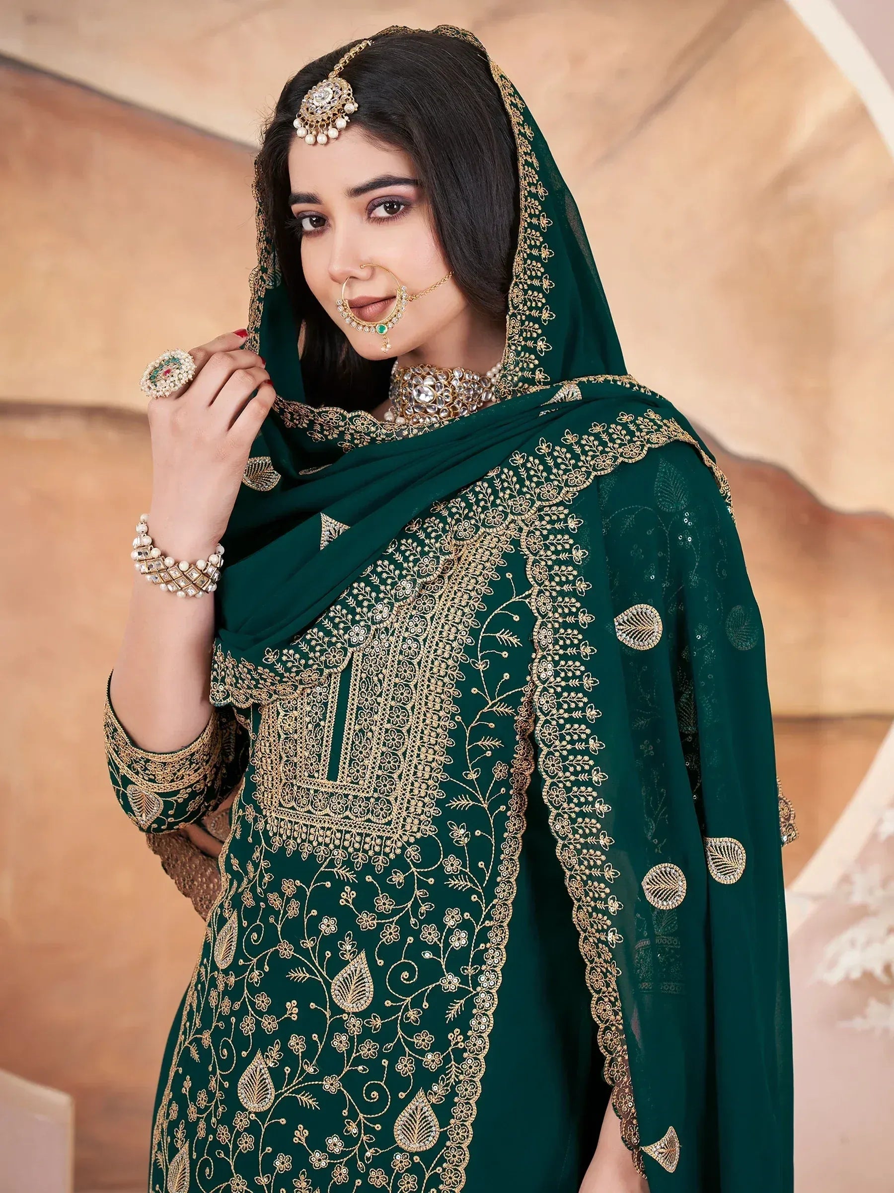 Bewitching Green Embroidered Georgette Mehendi Wear Palazzo Suit