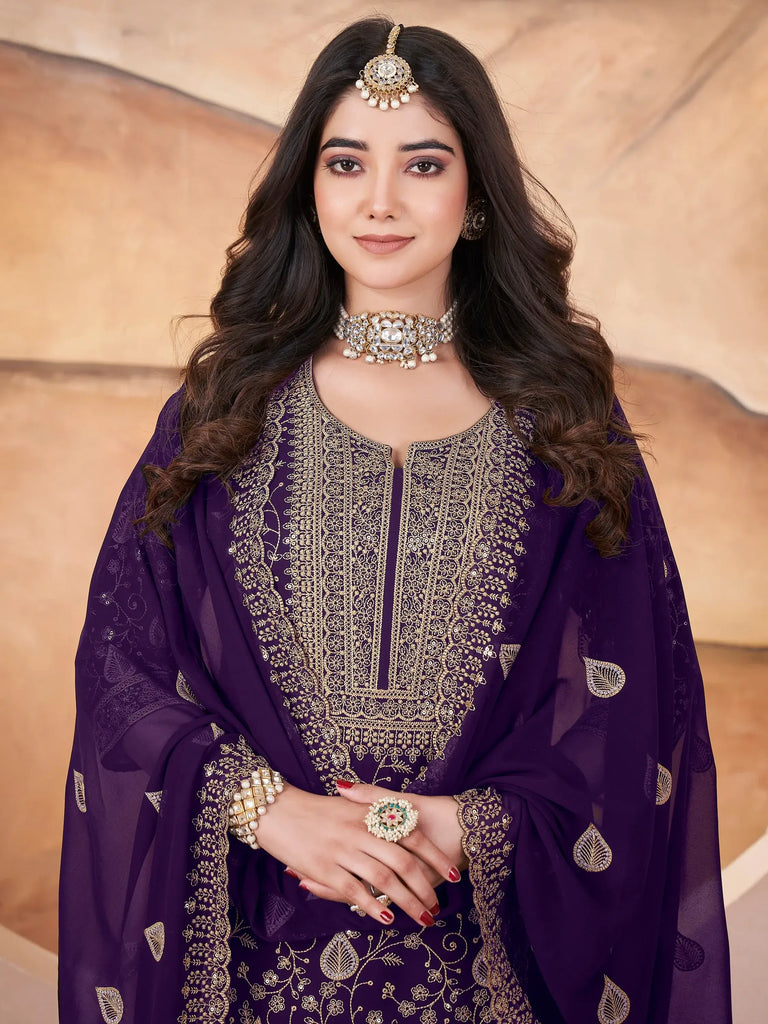 Alluring Purple Embroidered Georgette Eid Special Palazzo Suit