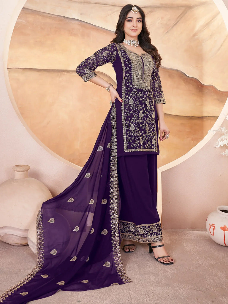 Alluring Purple Embroidered Georgette Eid Special Palazzo Suit