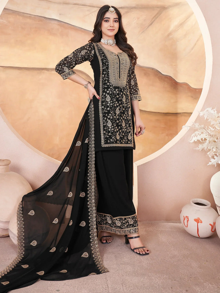 Lovely Black Embroidered Georgette Designer Palazzo Suit With Dupatta