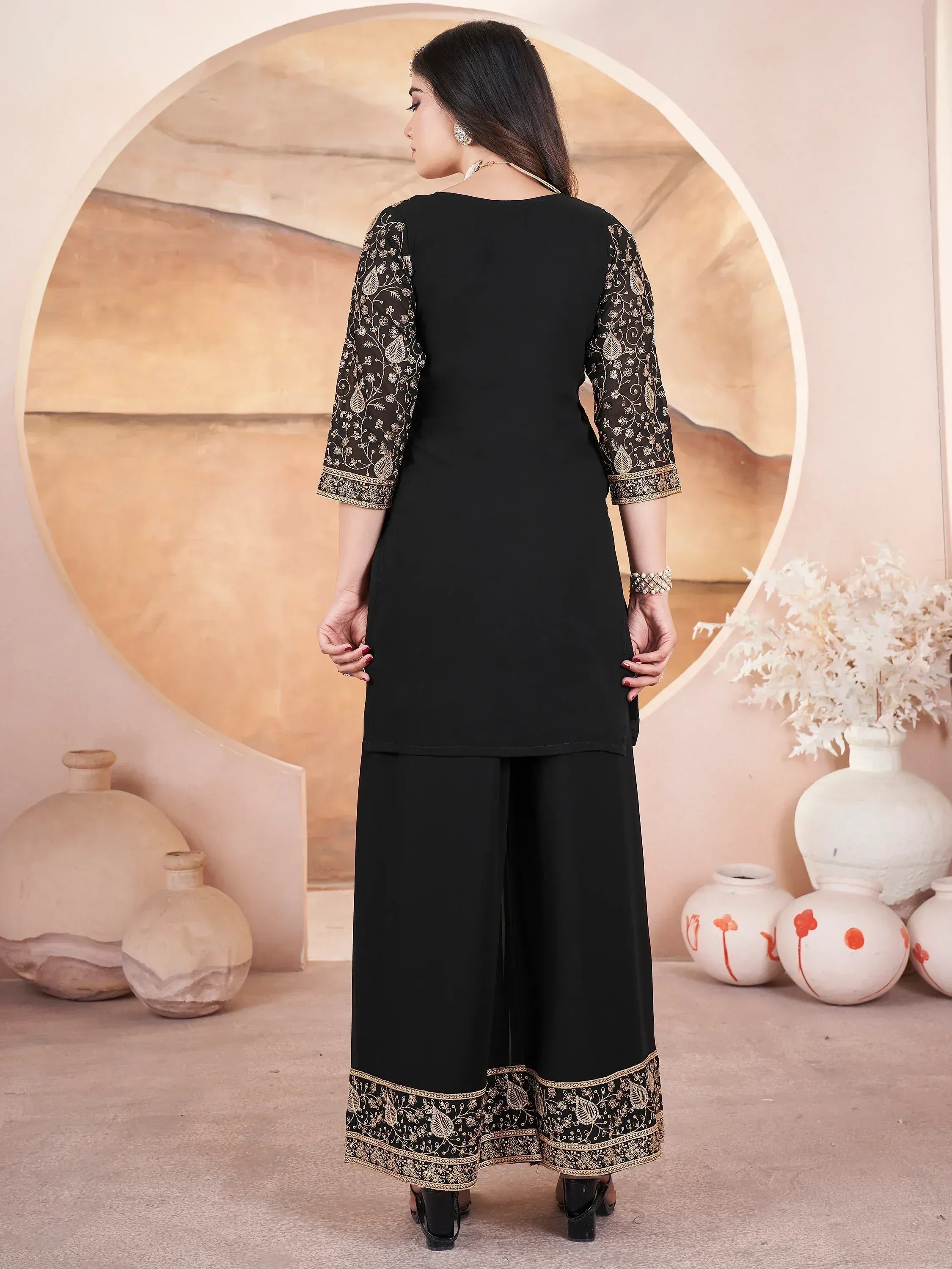Lovely Black Embroidered Georgette Designer Palazzo Suit With Dupatta