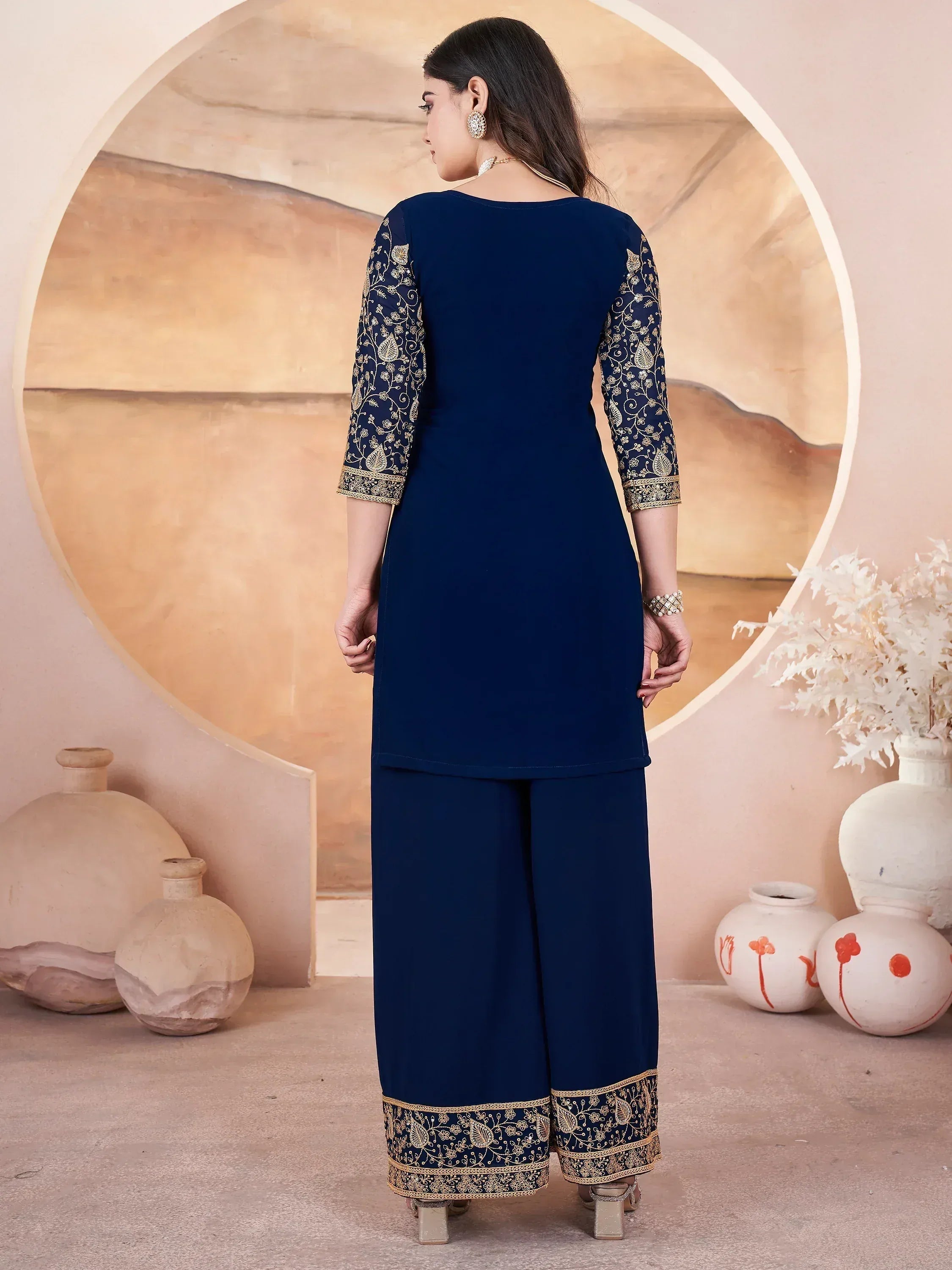 Navy blue embroidered salwar kameez with gold detailing, ethnic wear for women