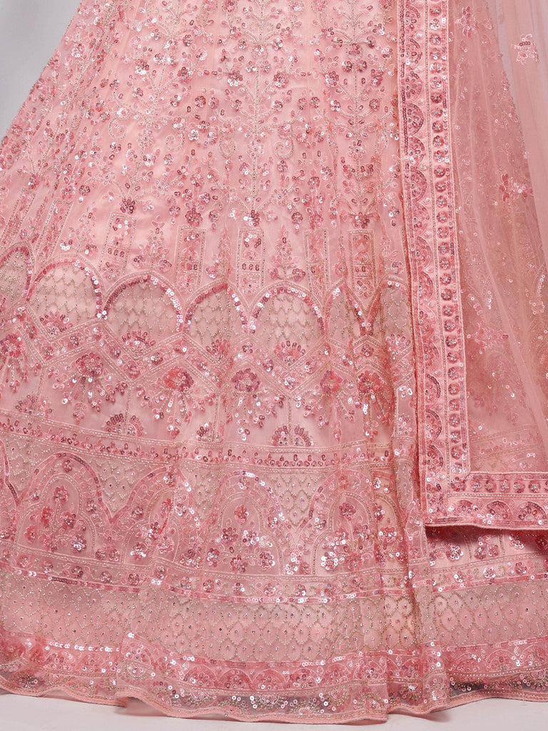 Outstanding Pink Embroidered Net Wedding Wear Lehenga Choli