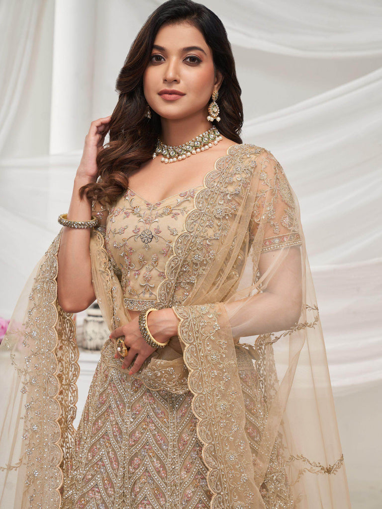 Irresistible Golden Heavy Embroidered Net Designer Lehenga Choli