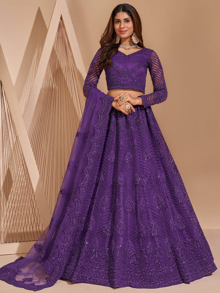 Captivating Purple Thread Embroidered Net Party Wear Lehenga Choli
