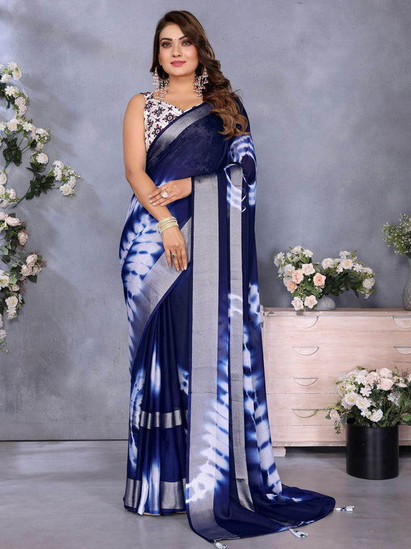 Timeless Navy Blue Shibori Printed Chiffon Office Wear Saree