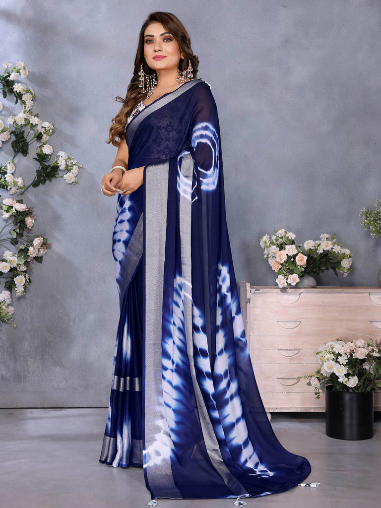 Timeless Navy Blue Shibori Printed Chiffon Office Wear Saree