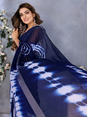 Timeless Navy Blue Shibori Printed Chiffon Office Wear Saree