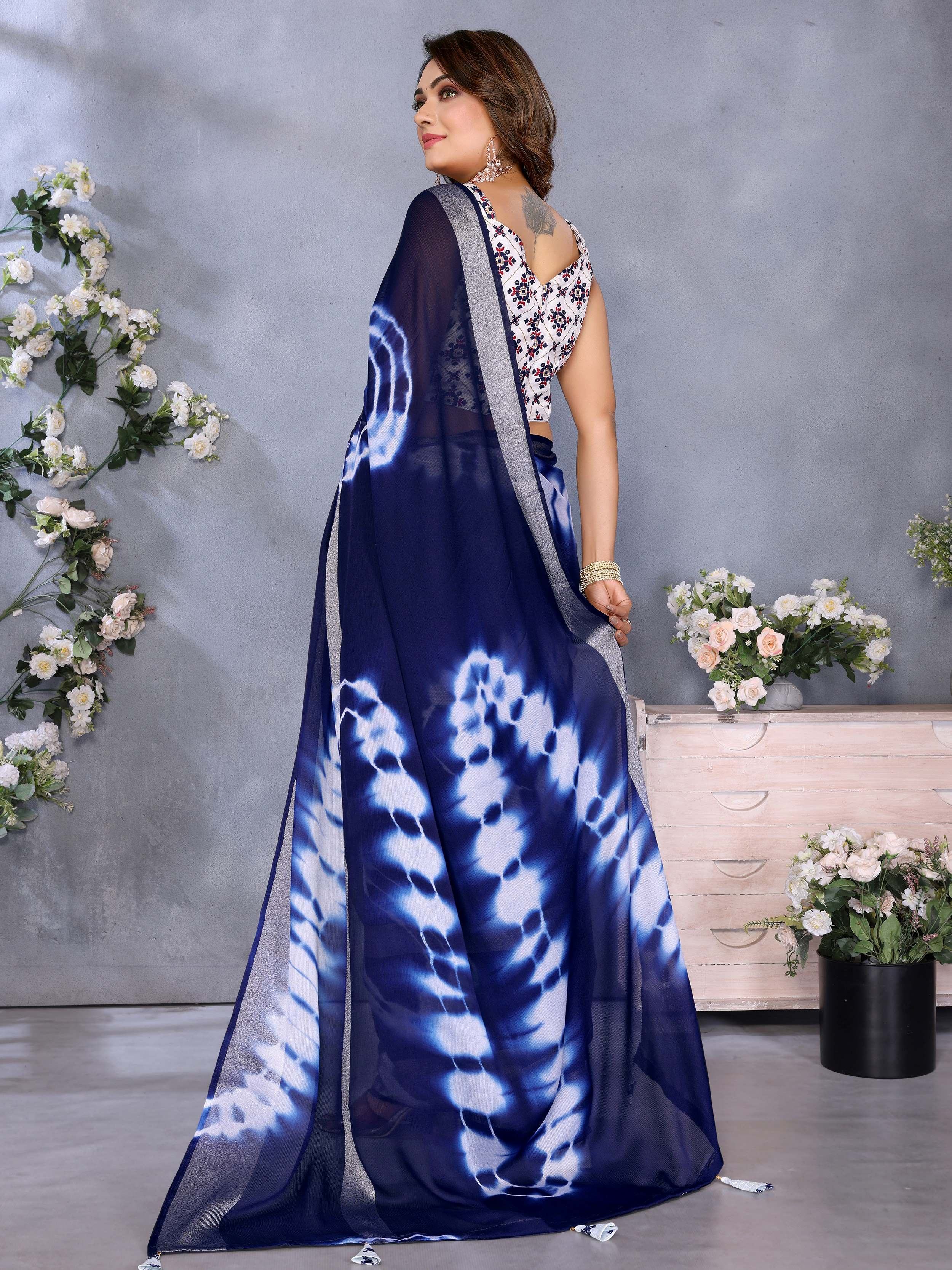 Timeless Navy Blue Shibori Printed Chiffon Office Wear Saree