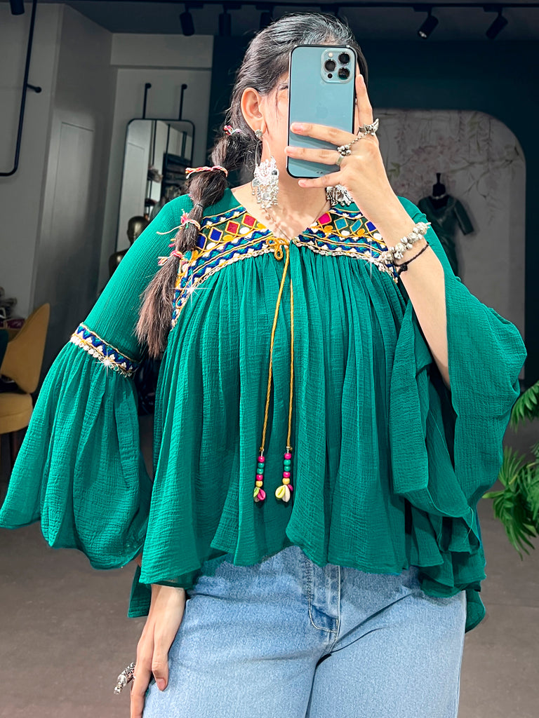 Beautiful Teal Green Kutchi Work Chiffon Navratri Wear Kurti