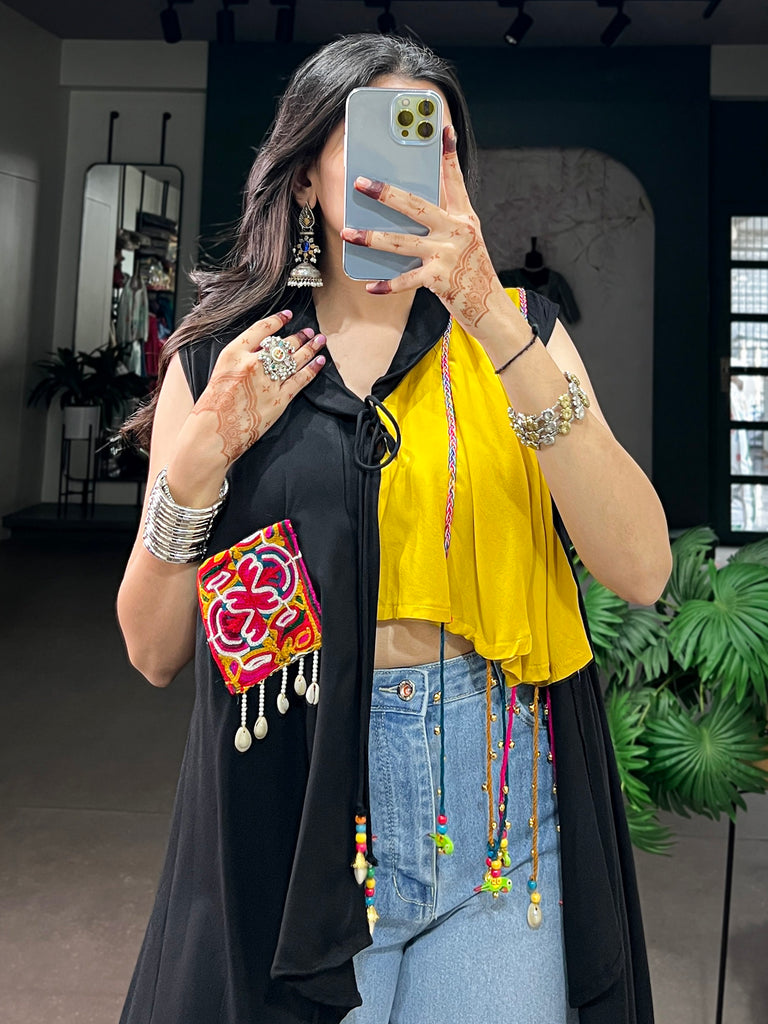Charming Black Gamthi Work Rayon Navratri Wear Top