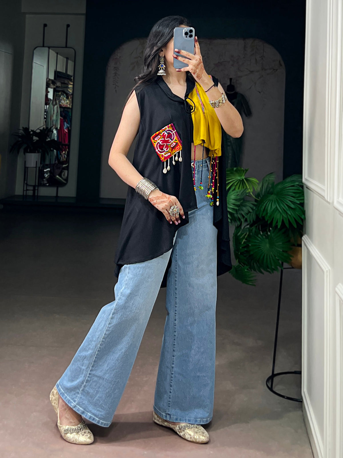 Charming Black Gamthi Work Rayon Navratri Wear Top