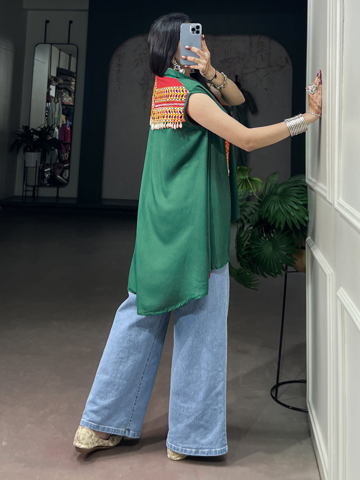 Radiant Green Gamthi Work Rayon Navratri special Top