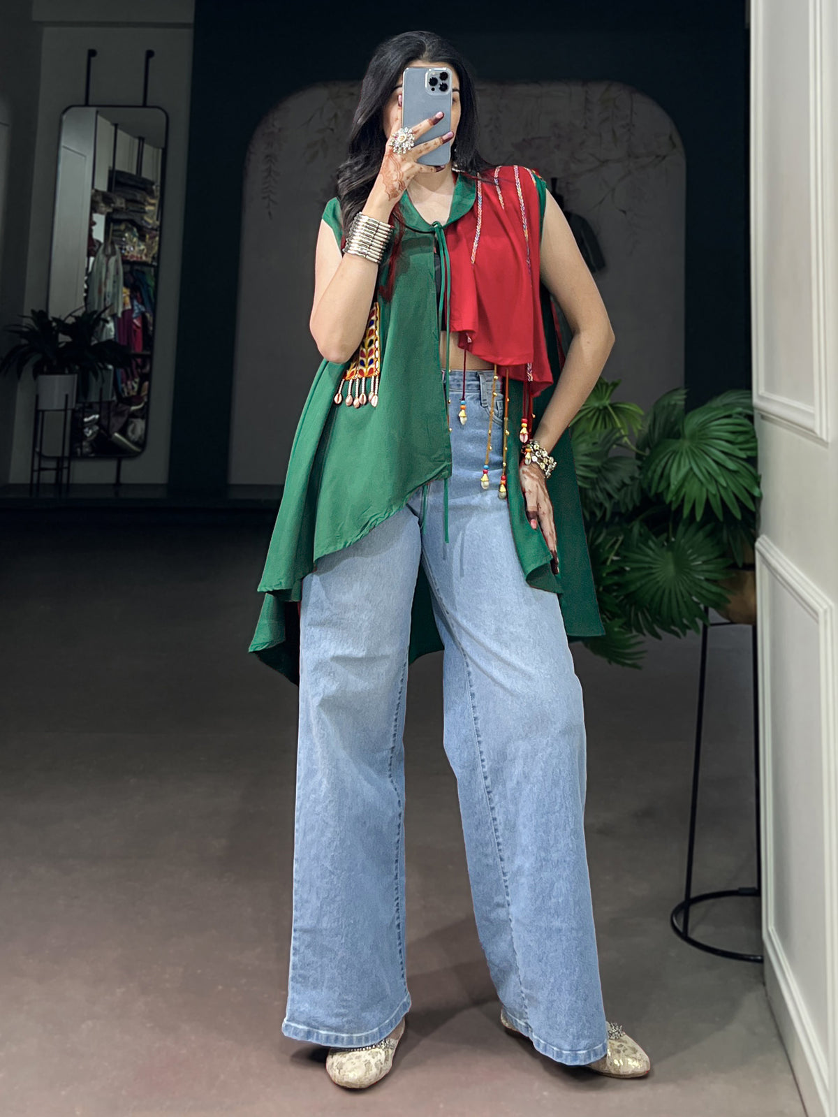Radiant Green Gamthi Work Rayon Navratri special Top