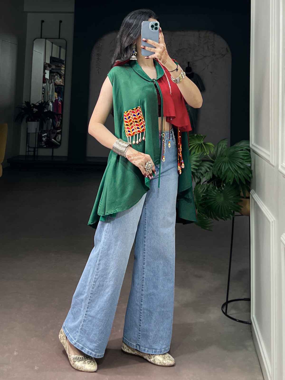 Radiant Green Gamthi Work Rayon Navratri special Top