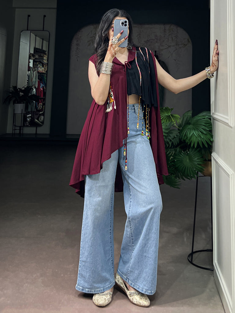 Stylish Maroon Gamthi Work Rayon Navratri Special Top