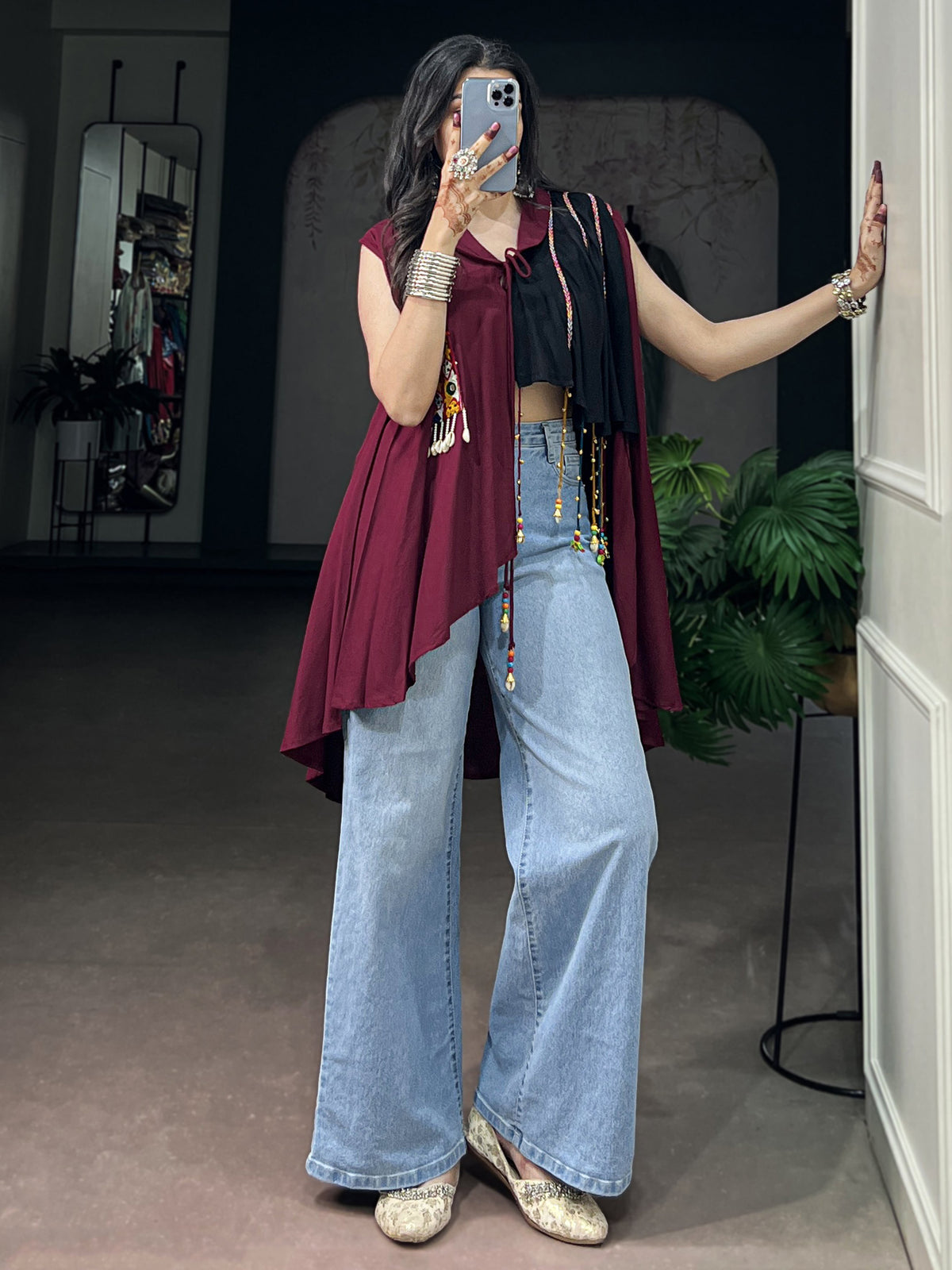 Stylish Maroon Gamthi Work Rayon Navratri Special Top