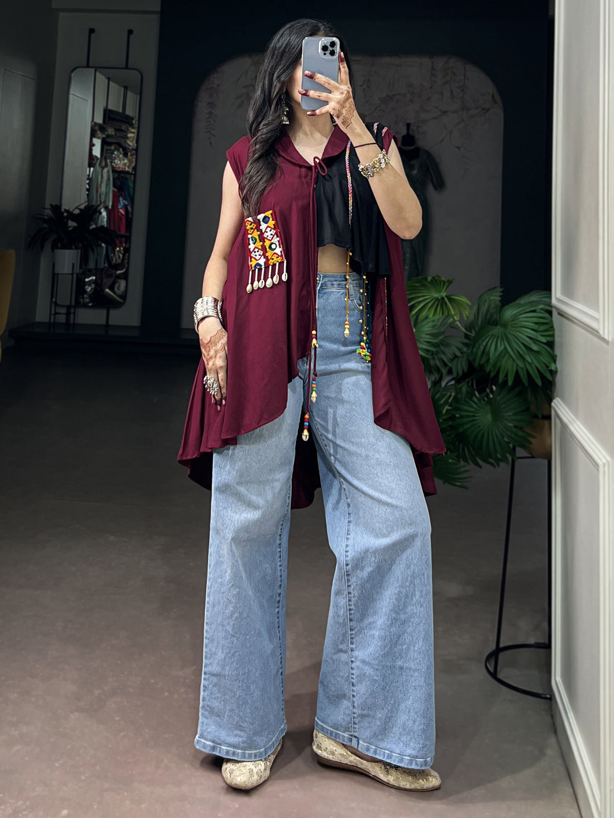 Stylish Maroon Gamthi Work Rayon Navratri Special Top