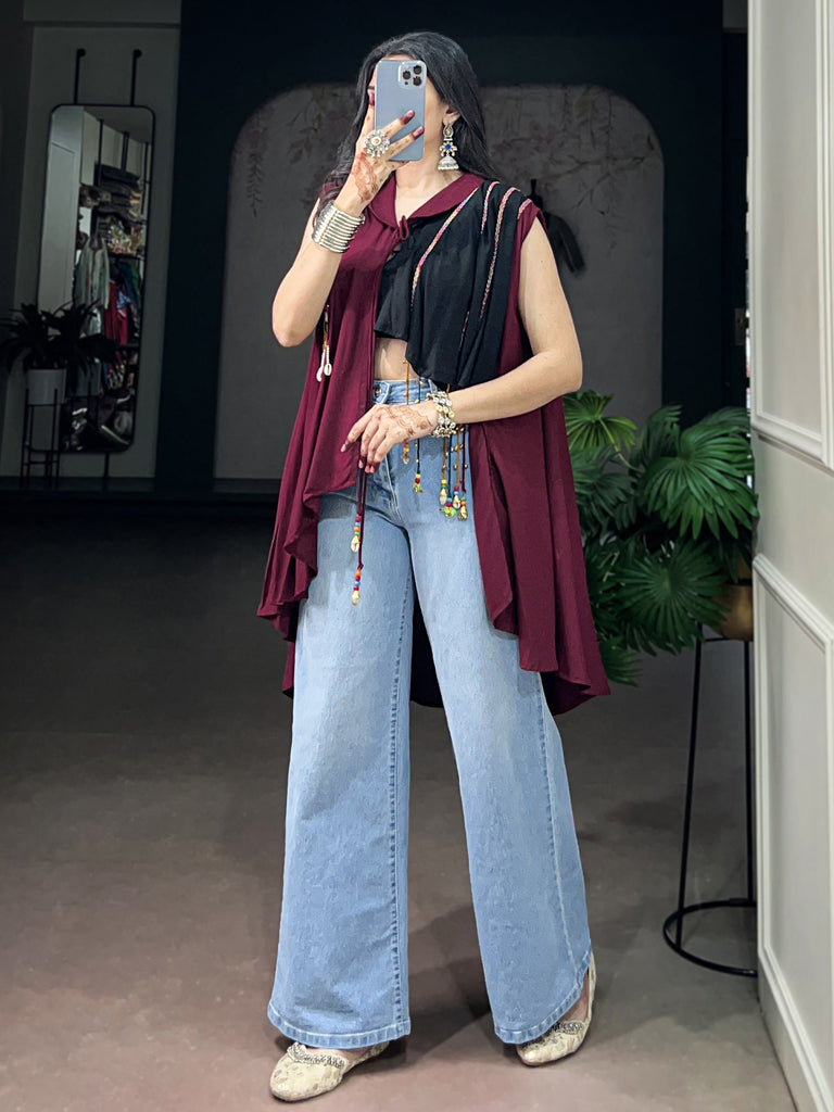 Stylish Maroon Gamthi Work Rayon Navratri Special Top