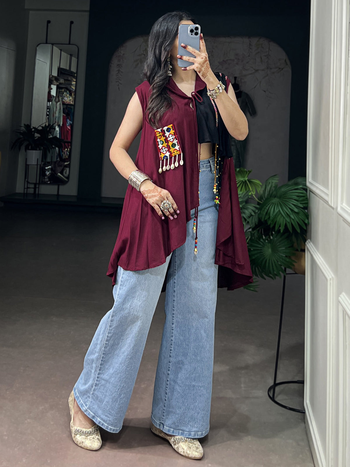 Stylish Maroon Gamthi Work Rayon Navratri Special Top