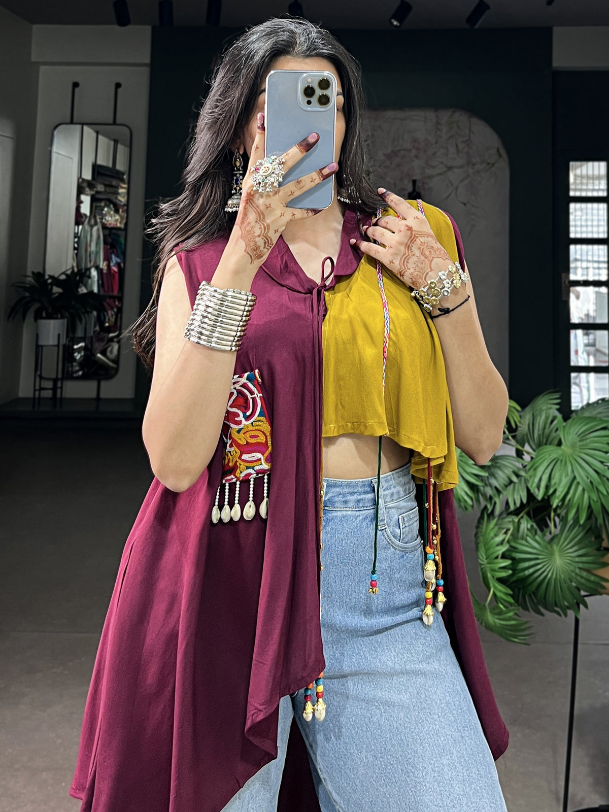 Gorgeous Mustard Yellow Gamthi Work Rayon Navratri Wear Top
