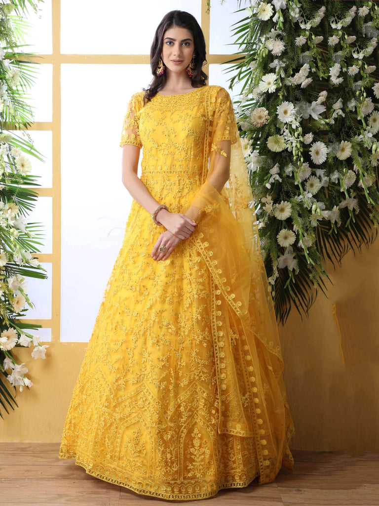 Gleaming Yellow Net Thread Embroidered Function Wear Gown With Dupatta