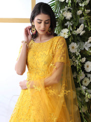 Gleaming Yellow Net Thread Embroidered Function Wear Gown With Dupatta