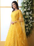 Gleaming Yellow Net Thread Embroidered Function Wear Gown With Dupatta