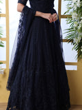 Charming Navy Blue Stone Work Reception Wear Gown With Dupatta