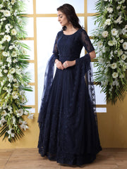 Charming Navy Blue Stone Work Reception Wear Gown With Dupatta