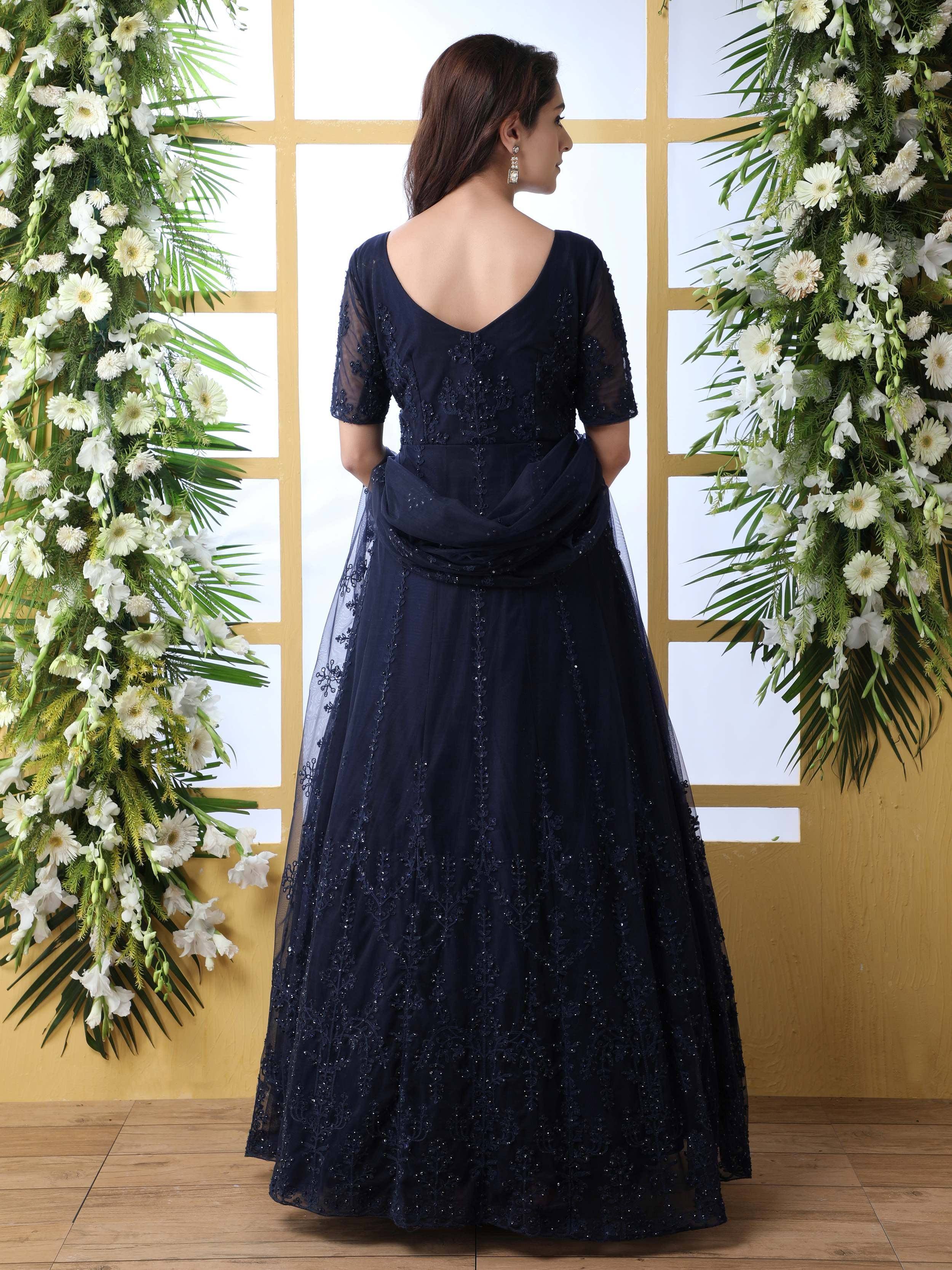 Navy blue embroidered anarkali gown with sheer sleeves, perfect for Indian ethnic occasions