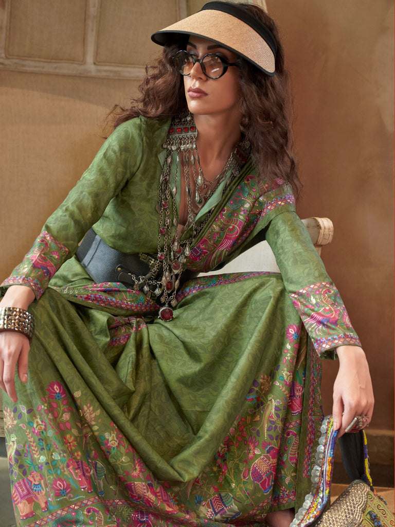 Pretty Green Digital Printed Silk Festive Wear Saree With Blouse