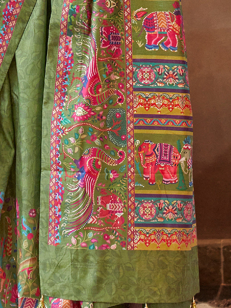 Pretty Green Digital Printed Silk Festive Wear Saree With Blouse