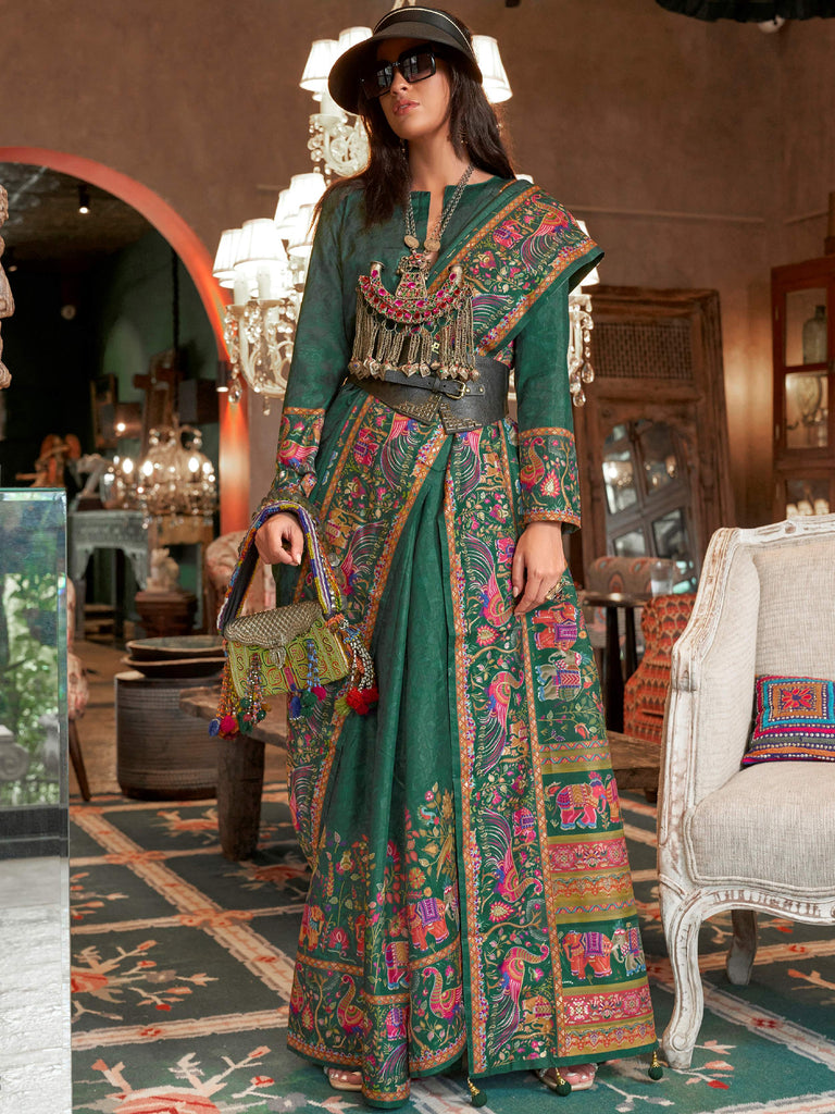 Attractive Green Digital Printed Silk Wedding Wear Saree With Blouse