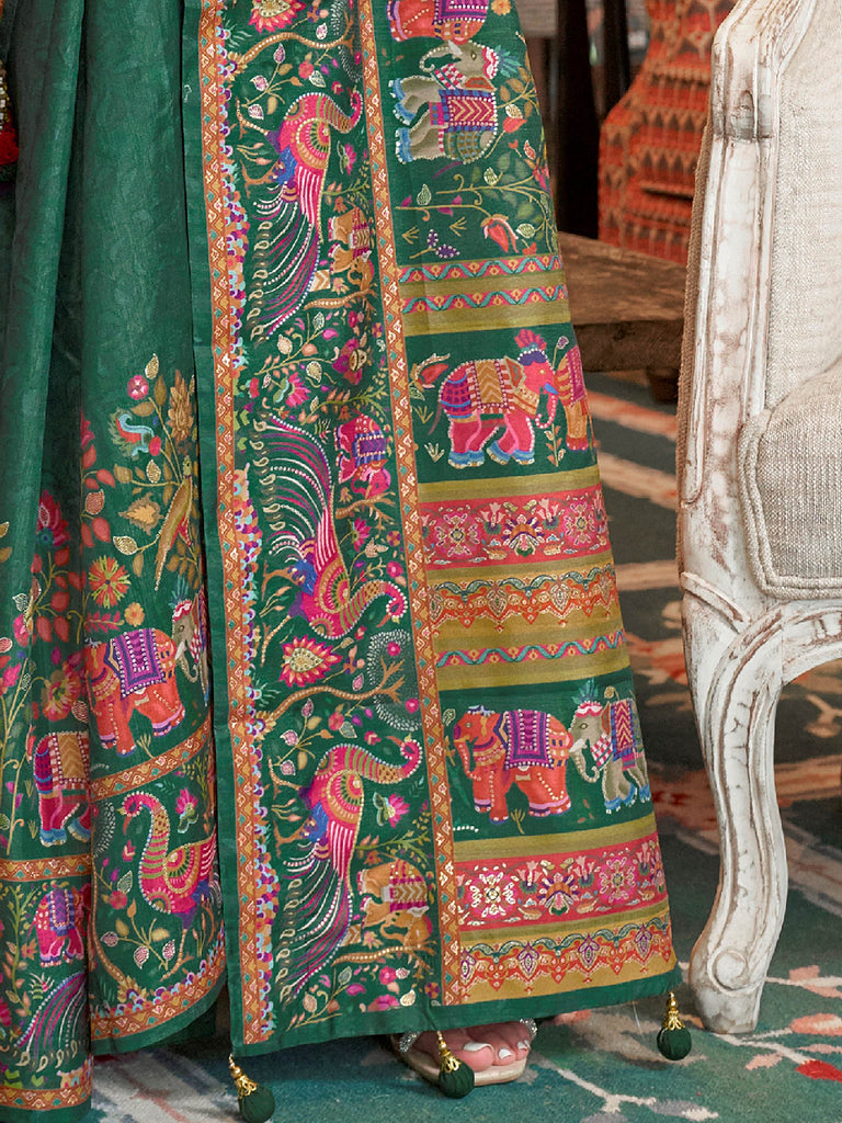 Attractive Green Digital Printed Silk Wedding Wear Saree With Blouse