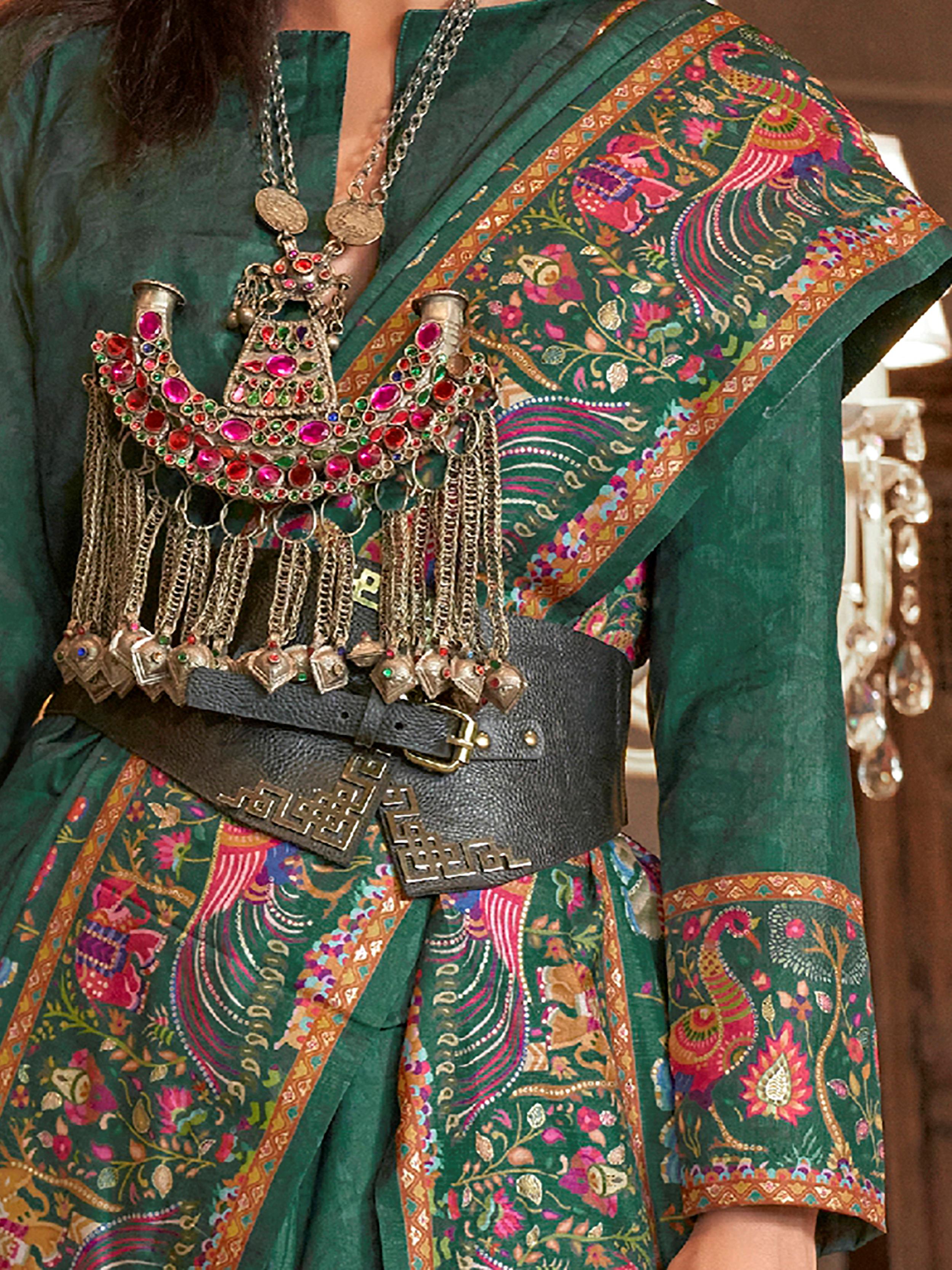 Attractive Green Digital Printed Silk Wedding Wear Saree With Blouse