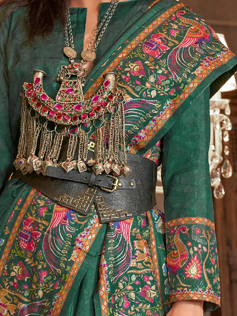 Attractive Green Digital Printed Silk Wedding Wear Saree With Blouse