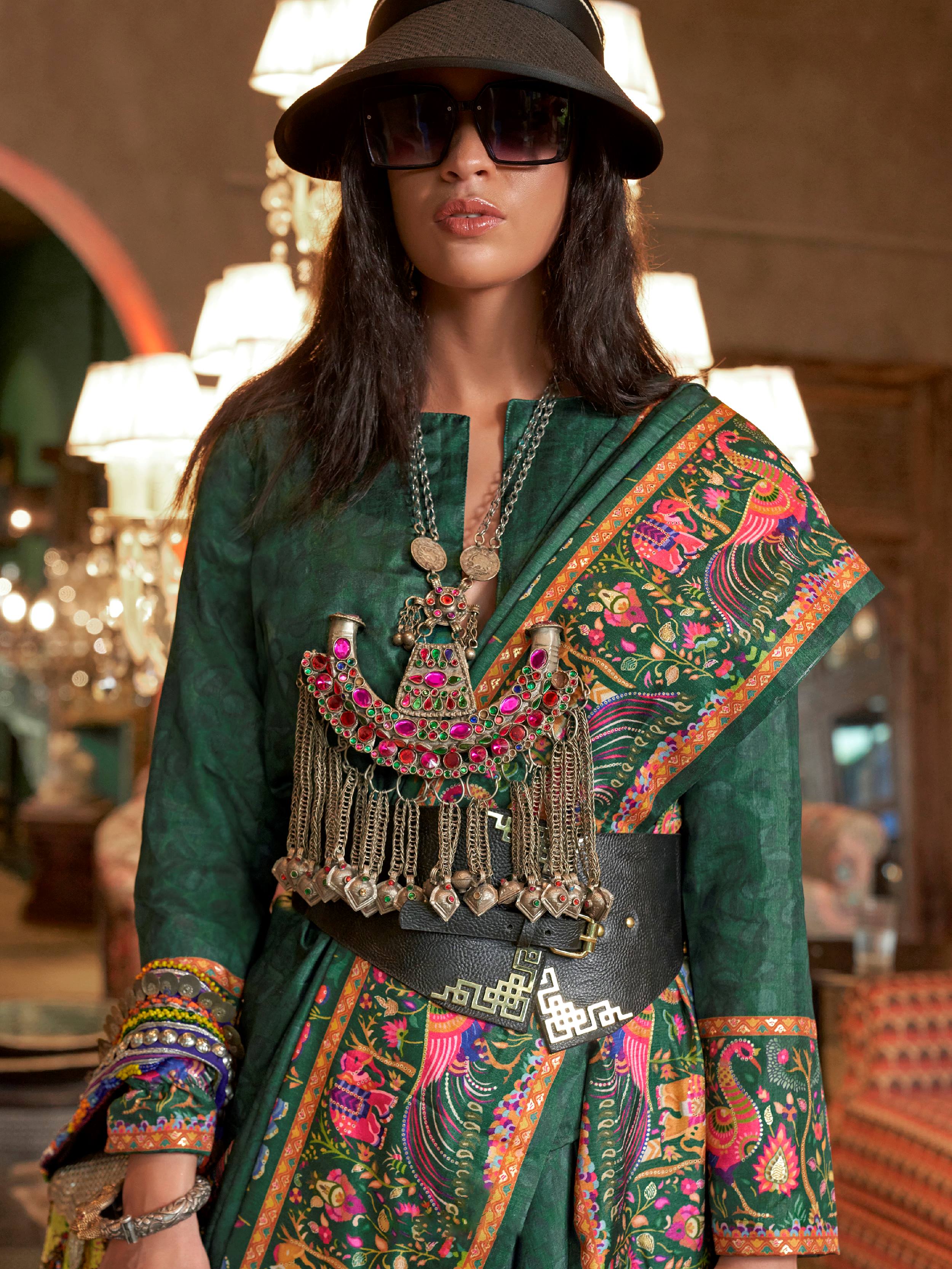 Attractive Green Digital Printed Silk Wedding Wear Saree With Blouse