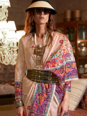 Awesome Beige Digital Printed Silk Traditional Wear Saree With Blouse