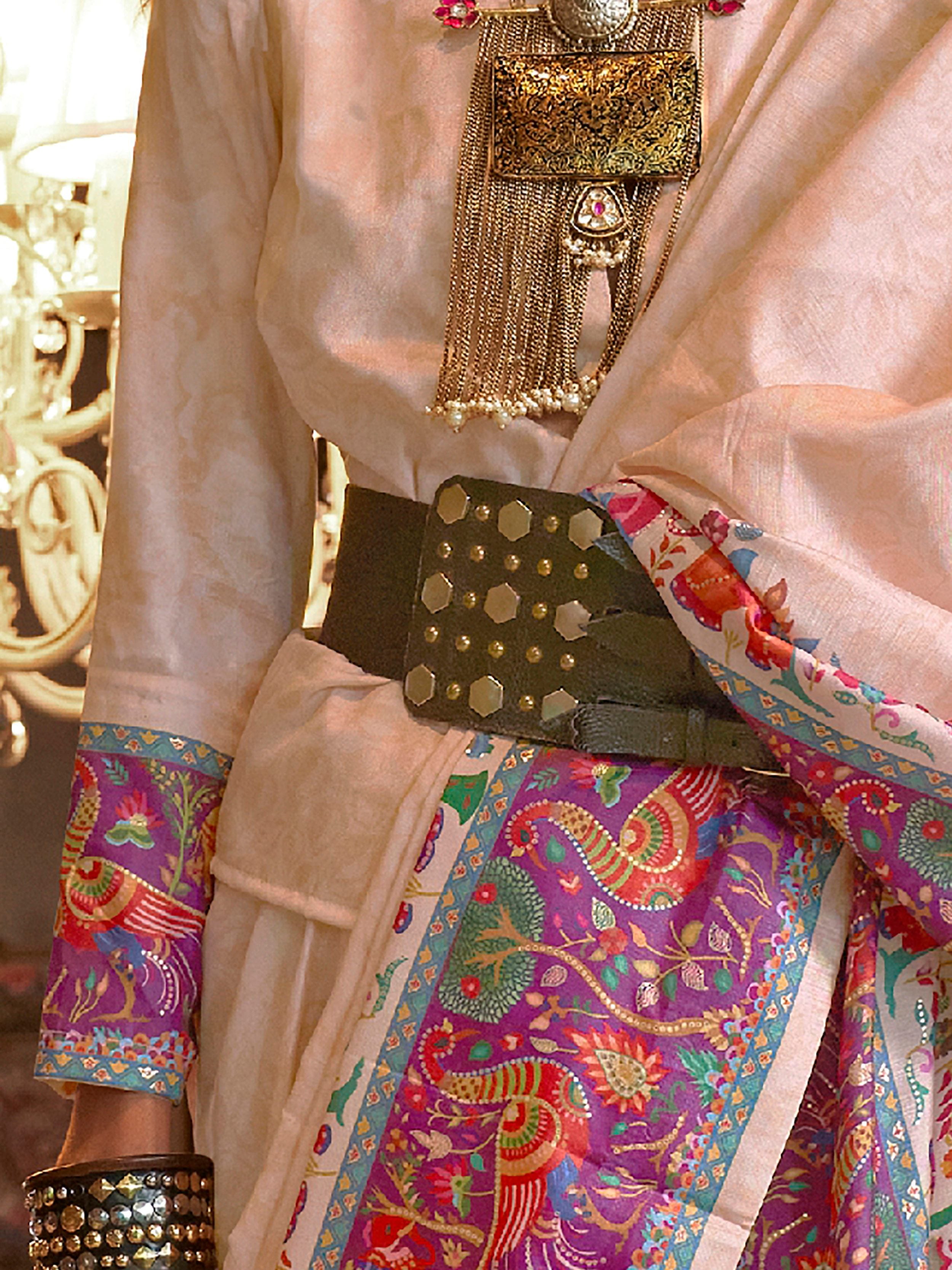 Awesome Beige Digital Printed Silk Traditional Wear Saree With Blouse