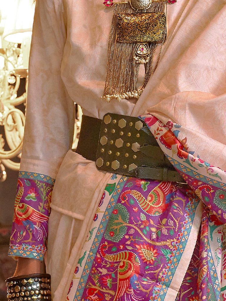 Awesome Beige Digital Printed Silk Traditional Wear Saree With Blouse