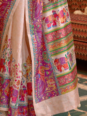 Awesome Beige Digital Printed Silk Traditional Wear Saree With Blouse