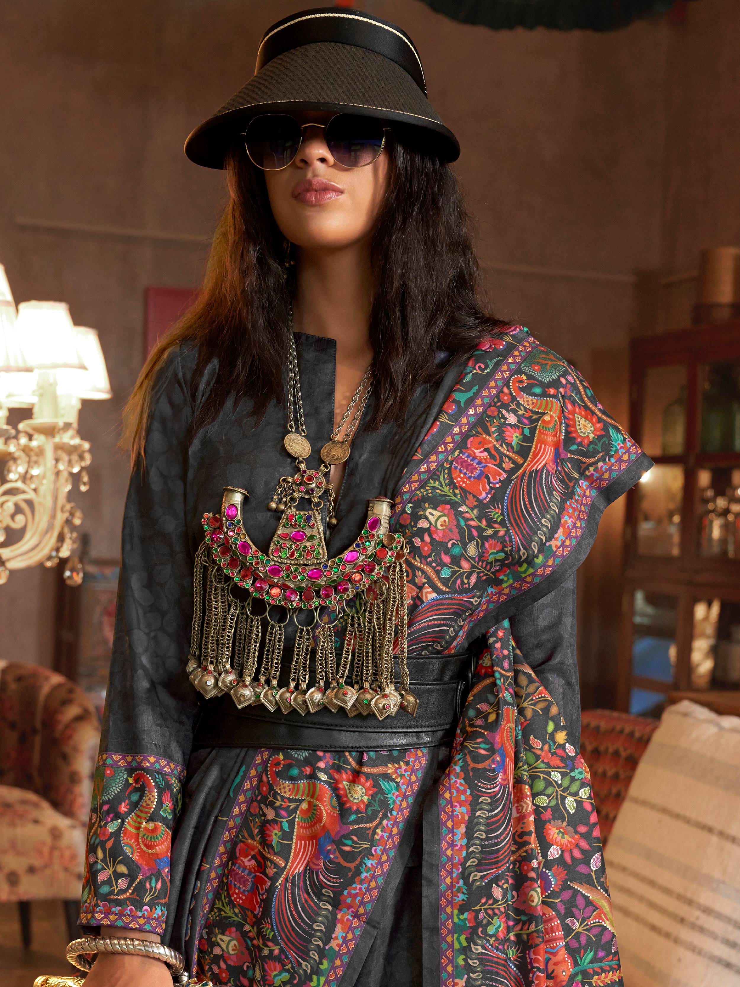 Glamorous Black Digital Printed Silk Festive Wear Saree With Blouse