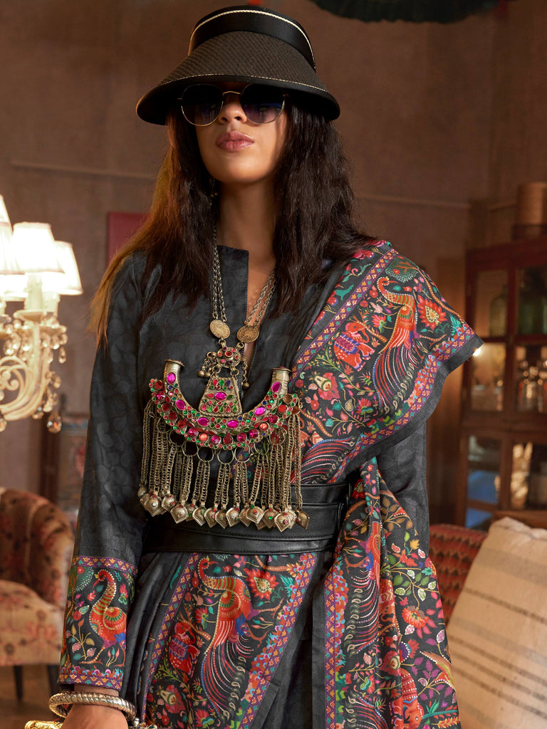 Glamorous Black Digital Printed Silk Festive Wear Saree With Blouse
