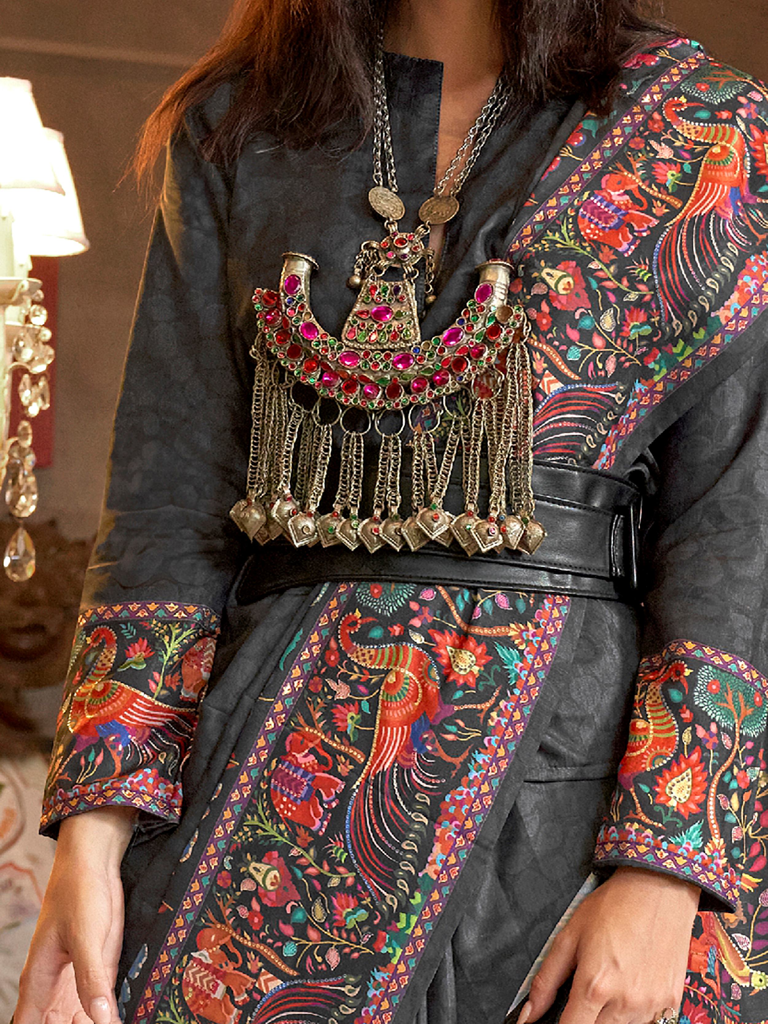 Glamorous Black Digital Printed Silk Festive Wear Saree With Blouse