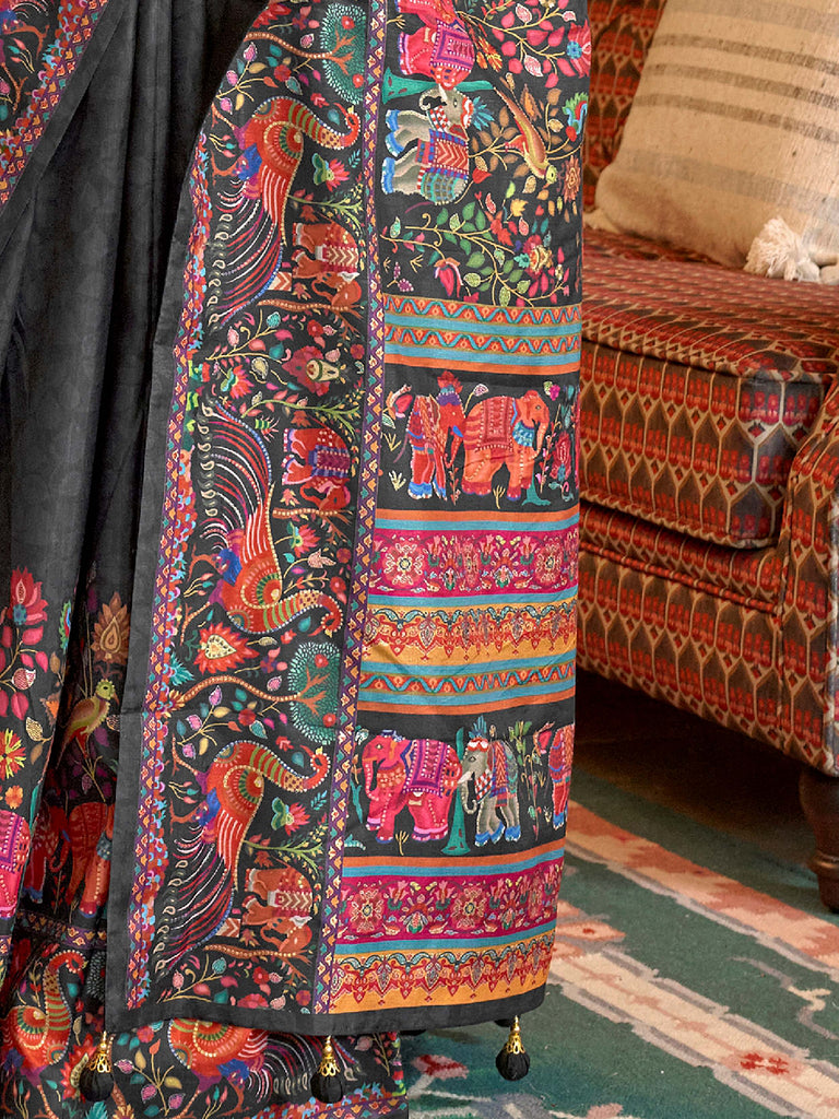 Glamorous Black Digital Printed Silk Festive Wear Saree With Blouse