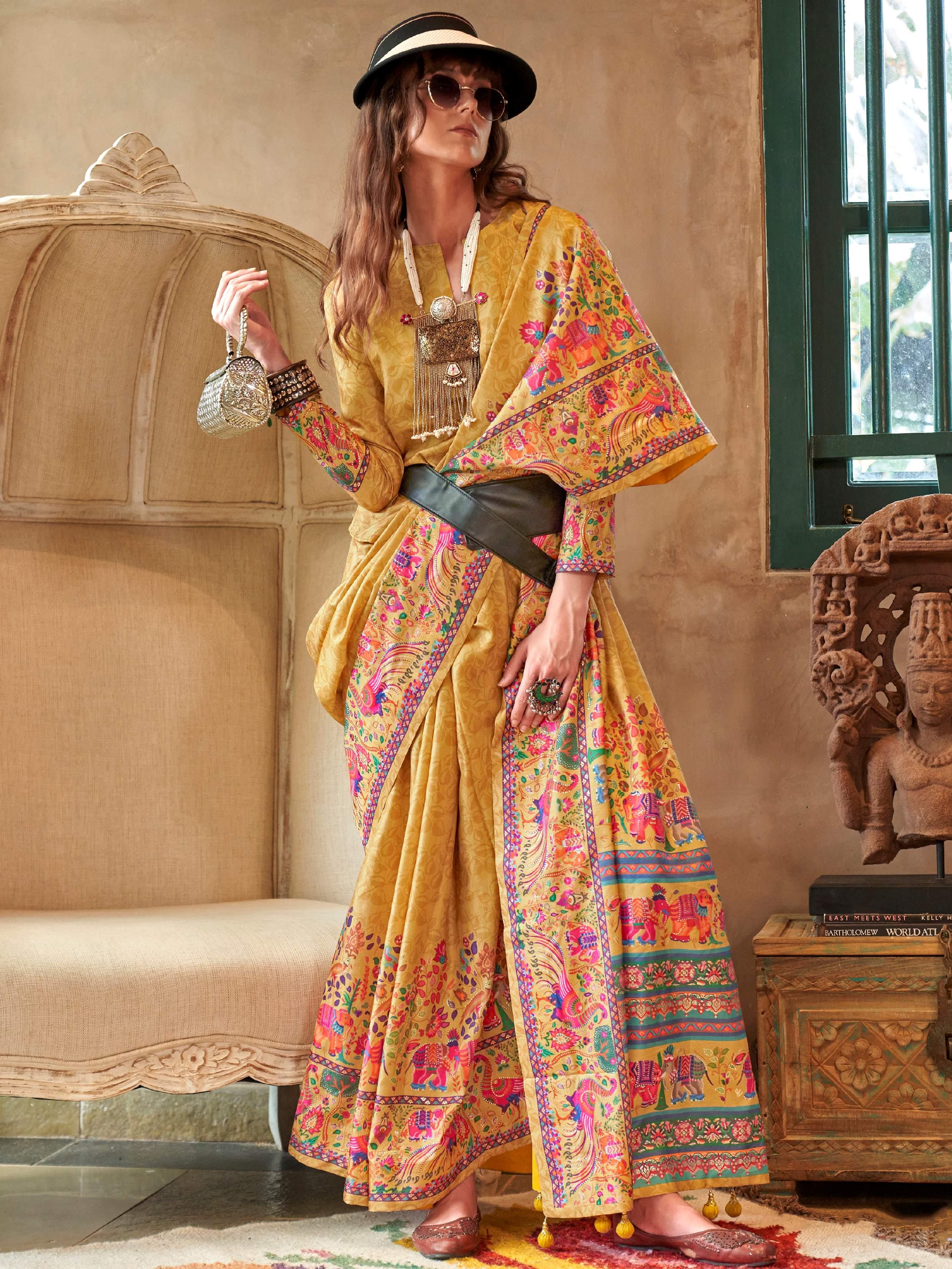 Gorgeous Yellow Digital Printed Silk Haldi Wear Saree With Blouse