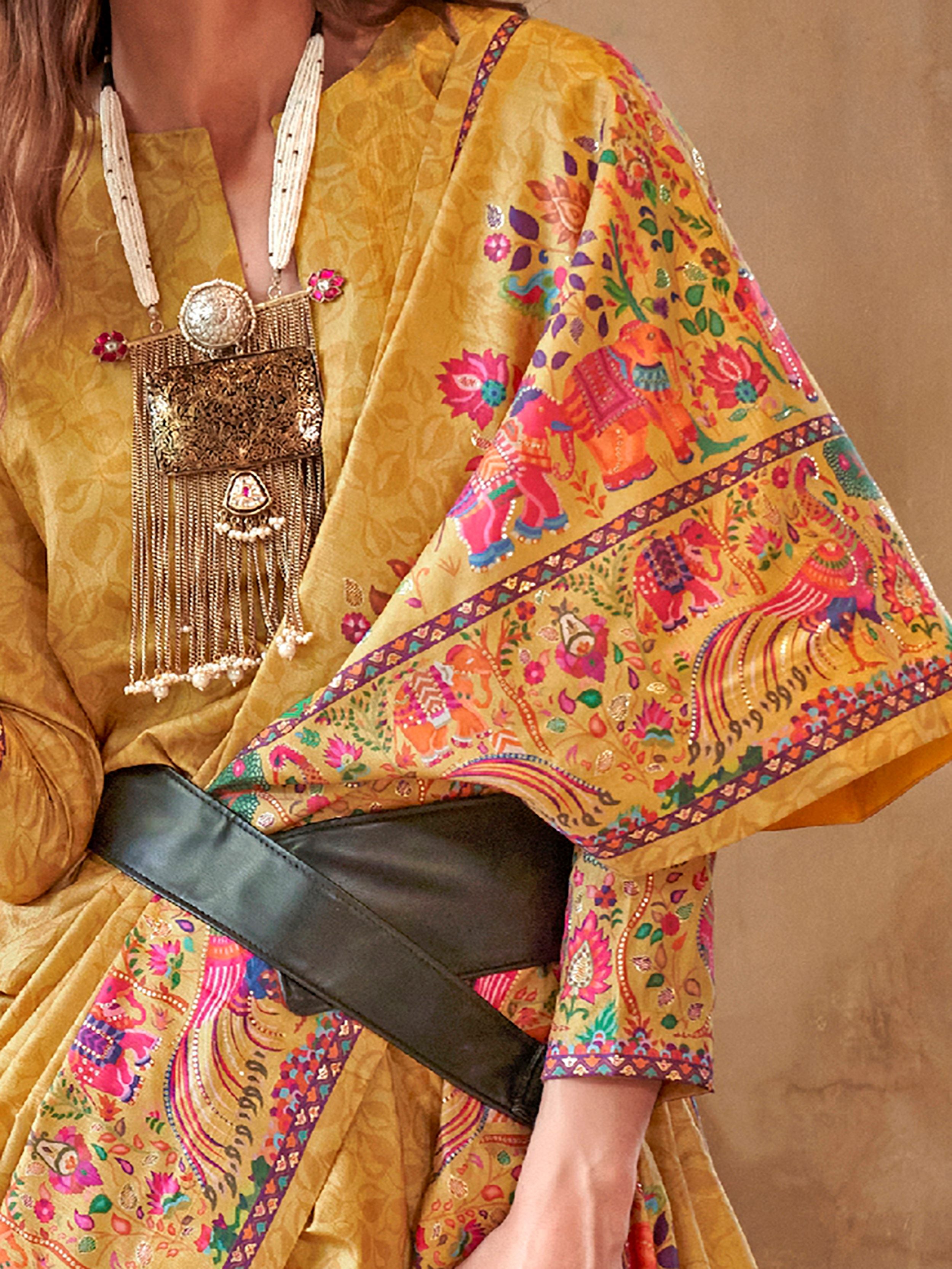 Gorgeous Yellow Digital Printed Silk Haldi Wear Saree With Blouse